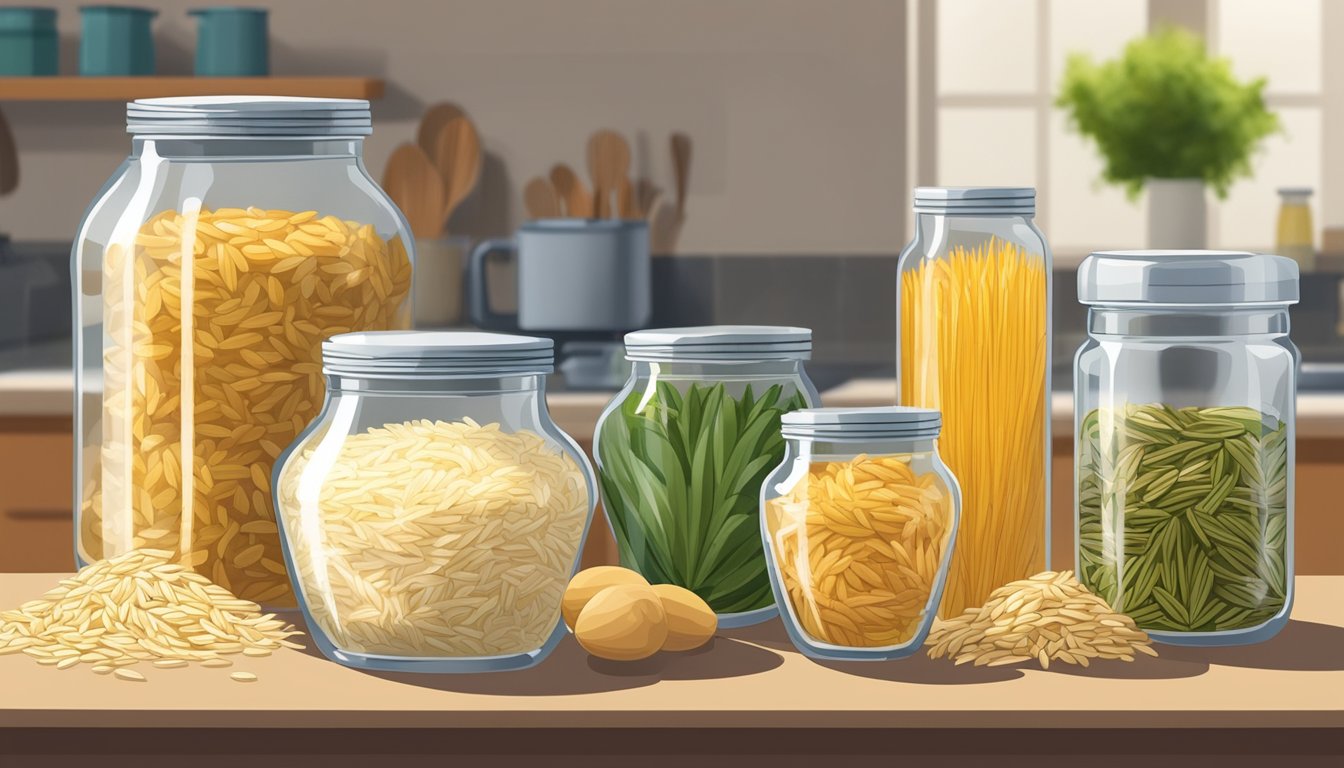 A clear glass jar of orzo sits on a kitchen counter, surrounded by various food items. The orzo is dry and free of any signs of spoilage