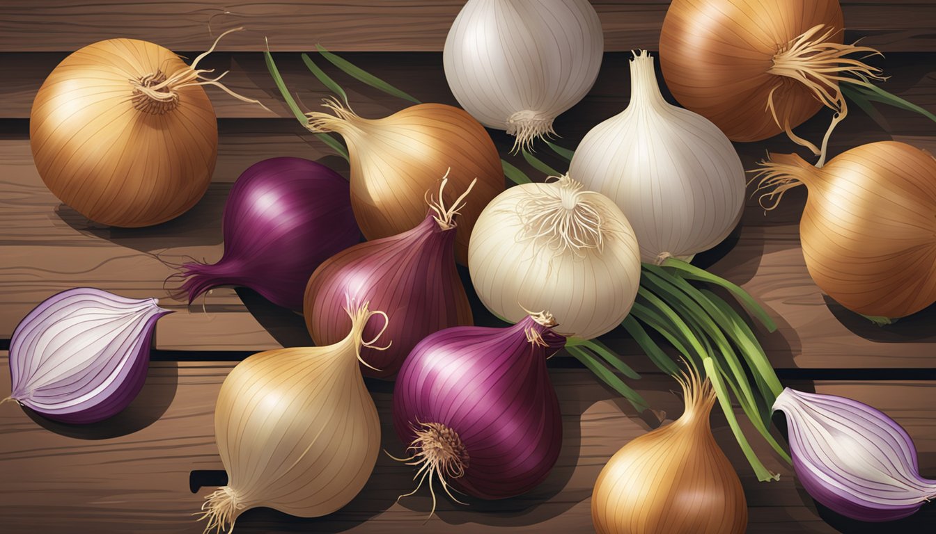 A variety of onions arranged in a rustic wooden crate, with some loose onions scattered around on a kitchen counter