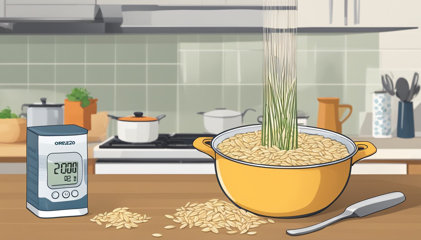 A box of orzo sits on a kitchen counter, next to a pot of boiling water. A timer is set for the recommended cooking time