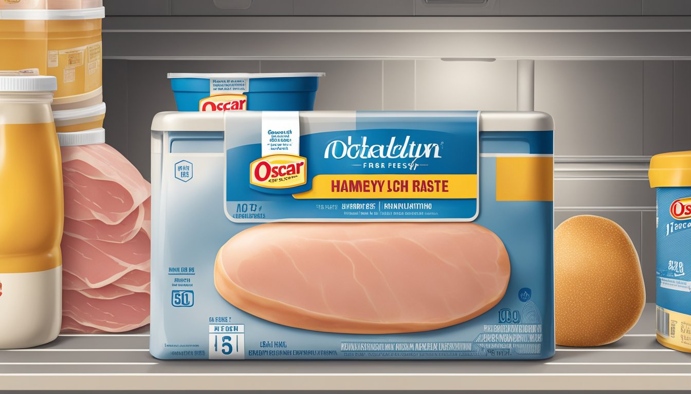 A package of Oscar Mayer Deli Fresh Honey Ham sits in a refrigerator with a "use by" date clearly visible