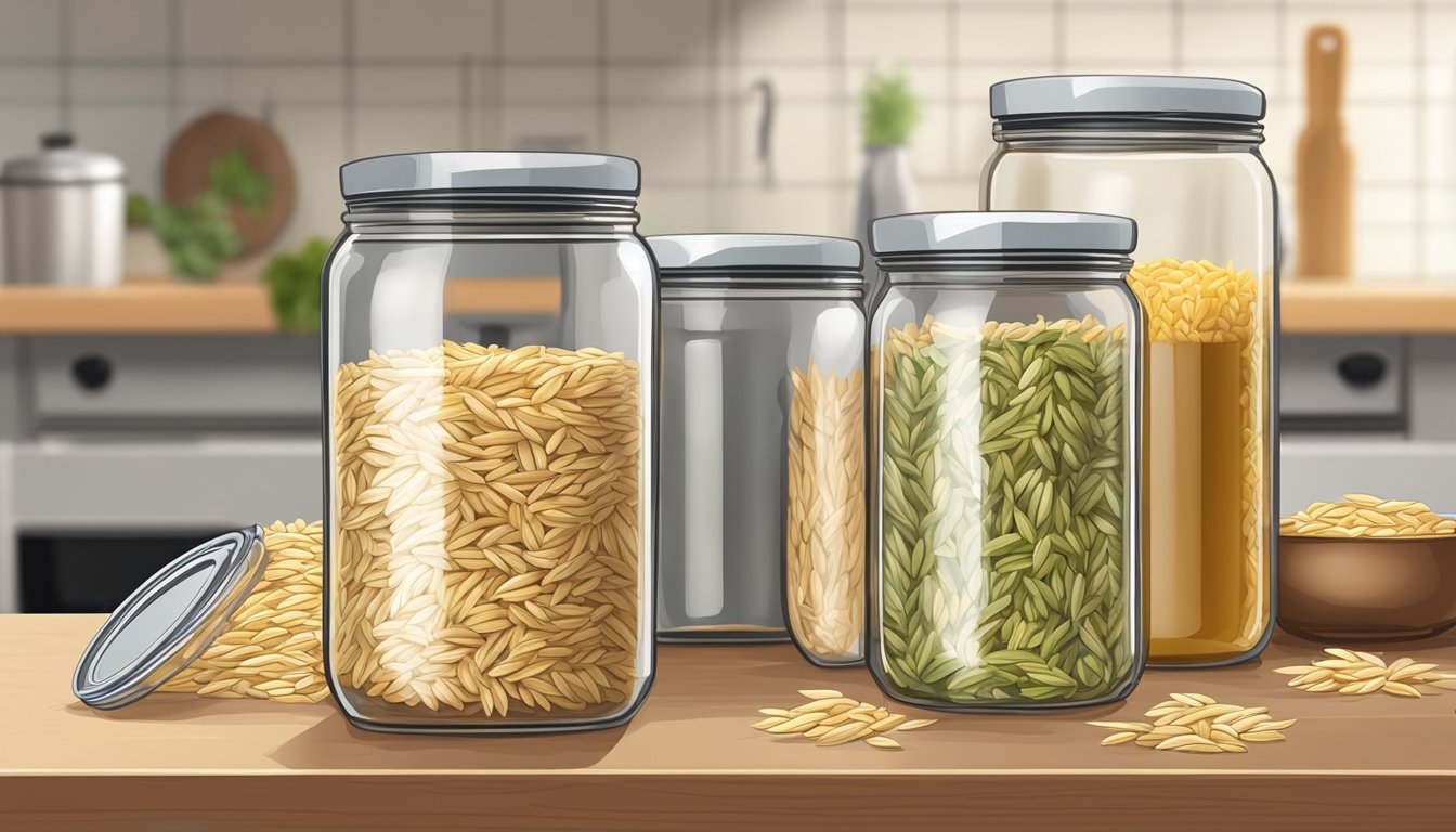 A clear glass jar filled with orzo sits on a kitchen counter, sealed tightly with a metal lid. The orzo is fresh and dry, with no signs of spoilage