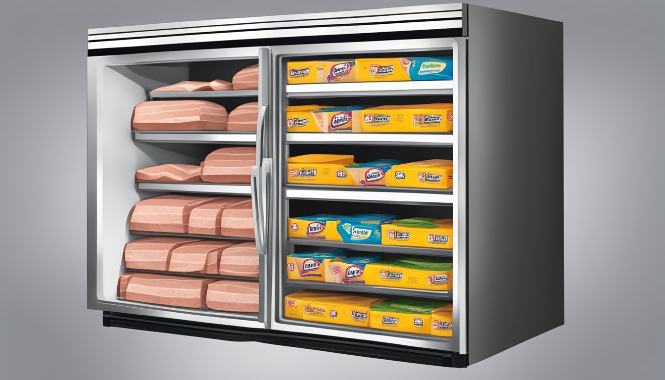 A refrigerator stocked with Oscar Mayer Deli Fresh Honey Ham packages, with a visible expiration date