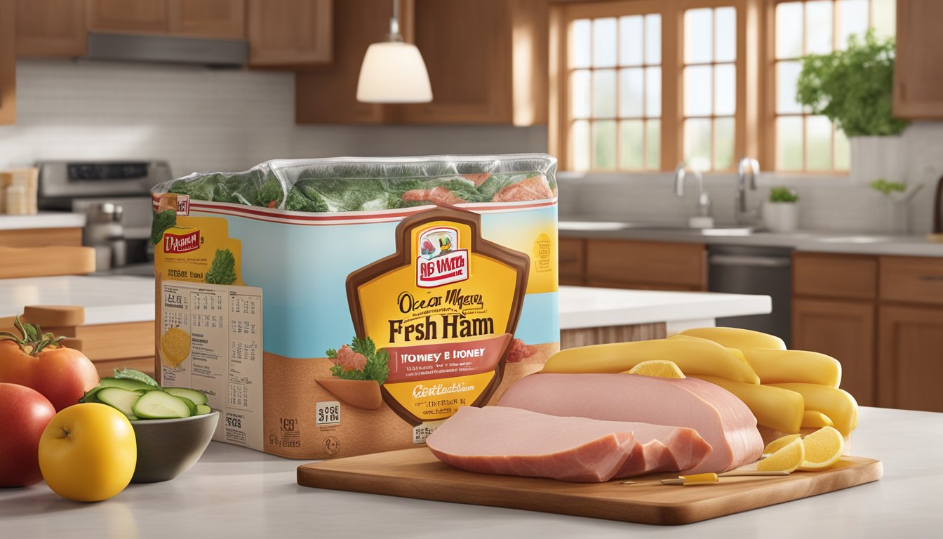 A package of Oscar Mayer Deli Fresh Honey Ham sits on a kitchen counter, surrounded by fresh ingredients and a calendar showing the current date