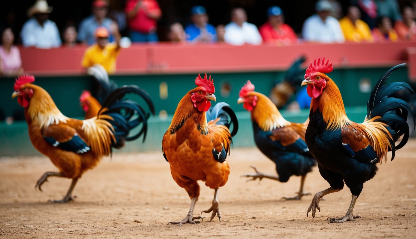 Sebuah arena sabung ayam yang berwarna-warni dan meriah dengan penonton yang bersorak dan ayam jantan yang terlibat dalam pertarungan