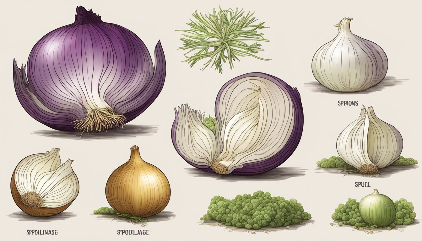 A pile of onions with mold, soft spots, and sprouting. A chart showing stages of spoilage