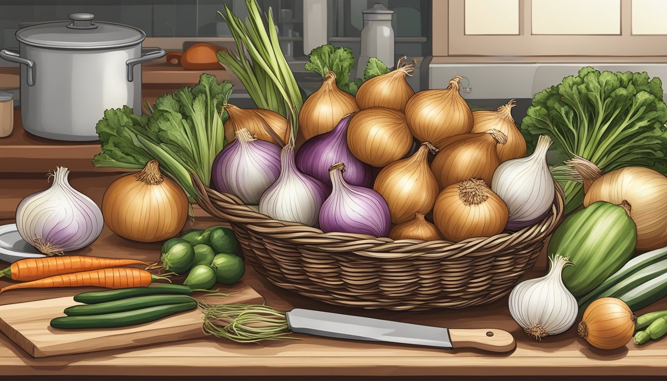 A basket of onions sits on a kitchen counter, surrounded by various vegetables and cooking utensils. The onions appear fresh and ready to be incorporated into a delicious meal