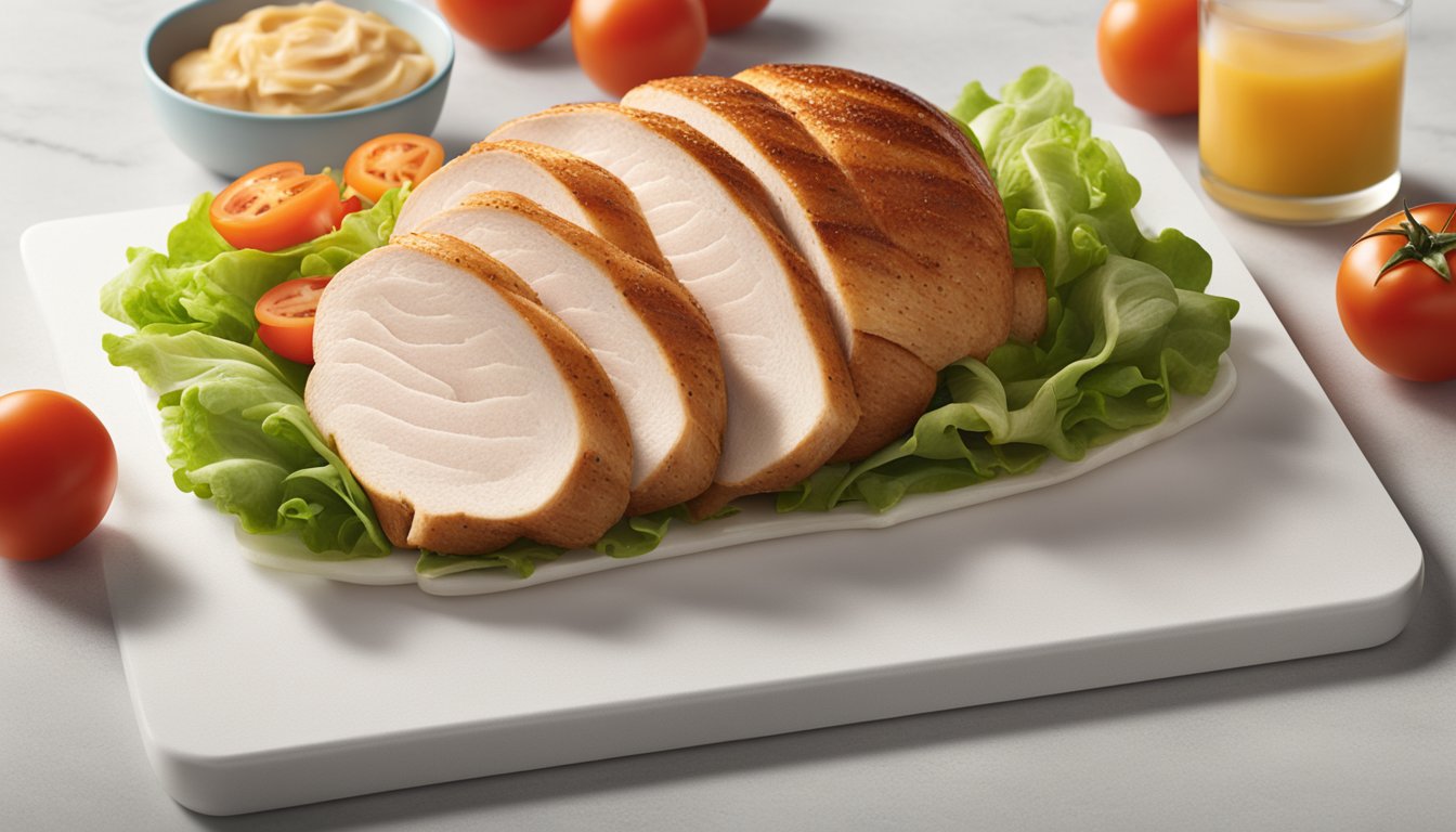 A package of Oscar Mayer Deli Fresh Oven Roasted Turkey Breast sits on a clean white cutting board, surrounded by fresh lettuce and tomatoes