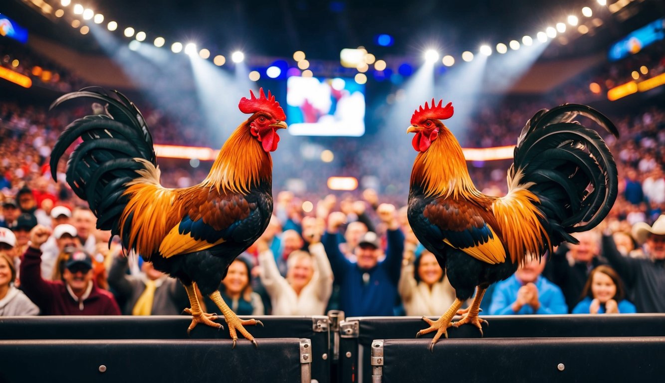 Dua ayam jantan berhadapan di arena yang ramai, dikelilingi oleh penonton yang bersorak dan lampu terang