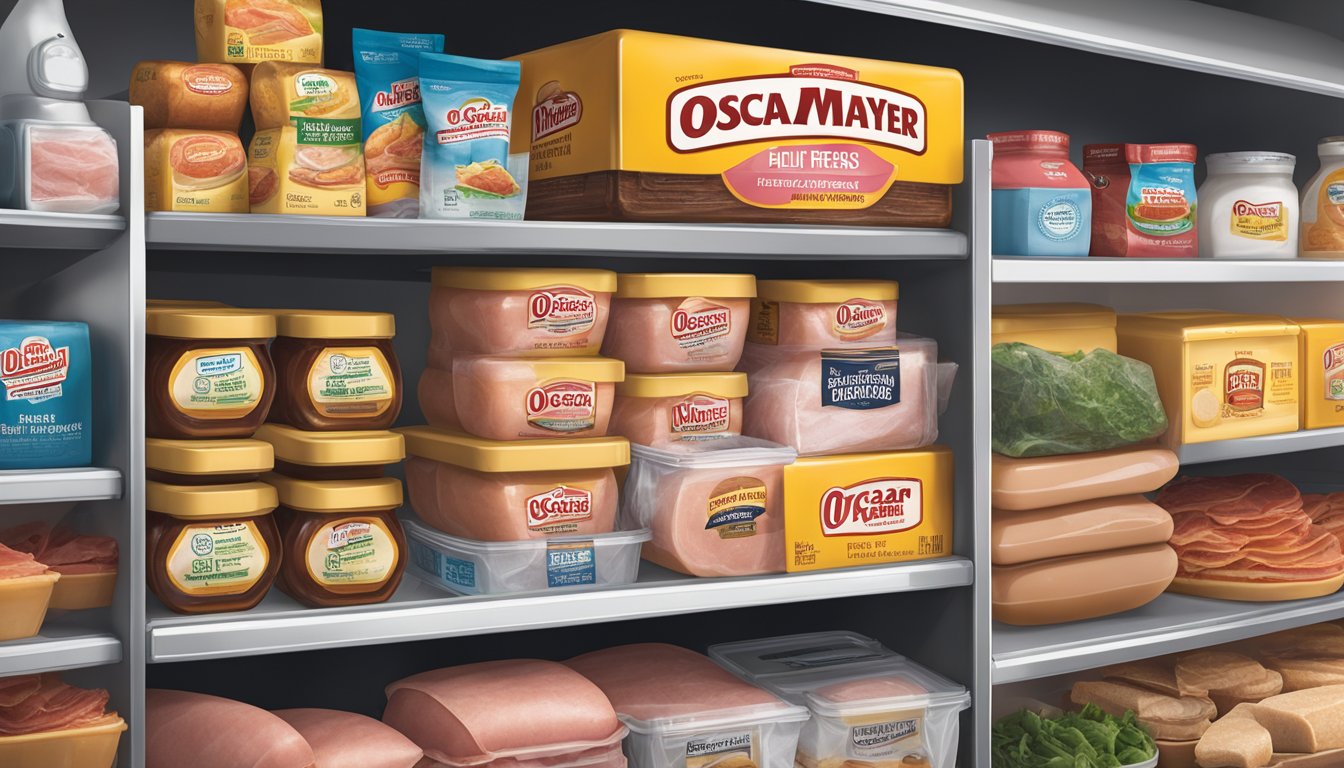 A package of Oscar Mayer Deli Fresh Honey Ham sits unopened on a refrigerator shelf, surrounded by other food items and condiments