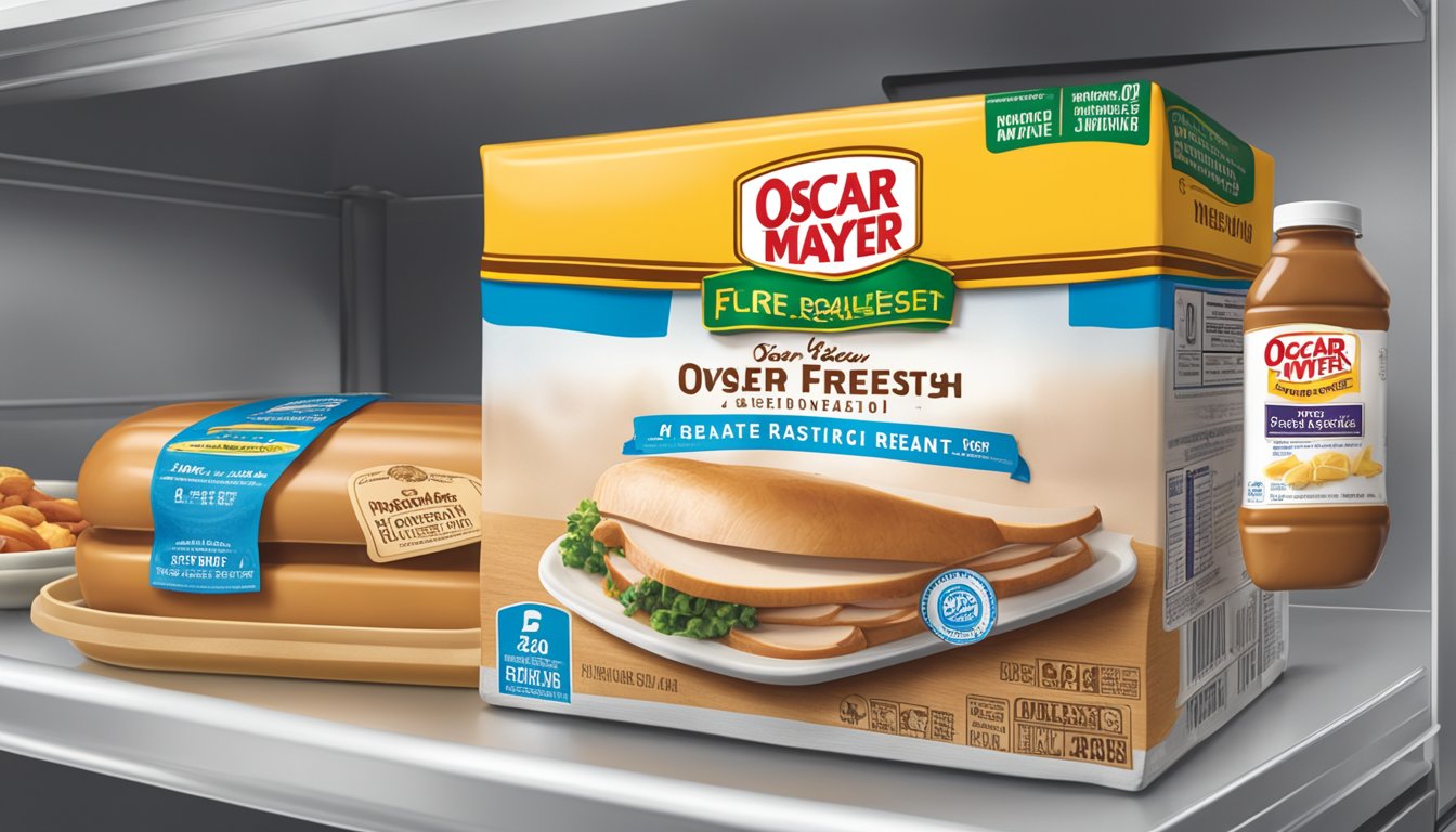 A package of Oscar Mayer Deli Fresh Oven Roasted Turkey Breast sits in a refrigerator next to other food items, with a "use by" date clearly visible on the packaging