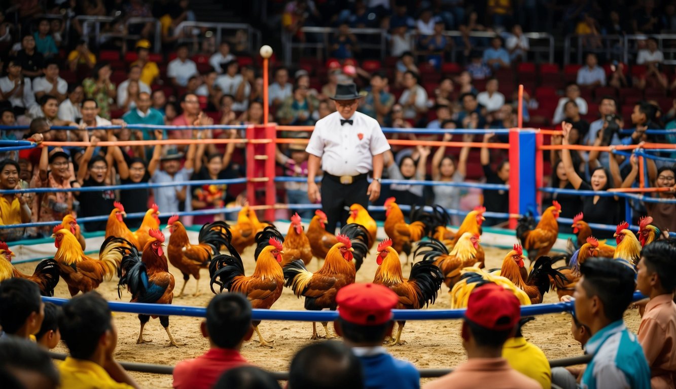 Sebuah arena yang ramai dengan ayam jantan berwarna-warni di tengah, dikelilingi oleh penonton yang bersorak dan seorang pengatur acara yang mengawasi acara sabung ayam resmi.