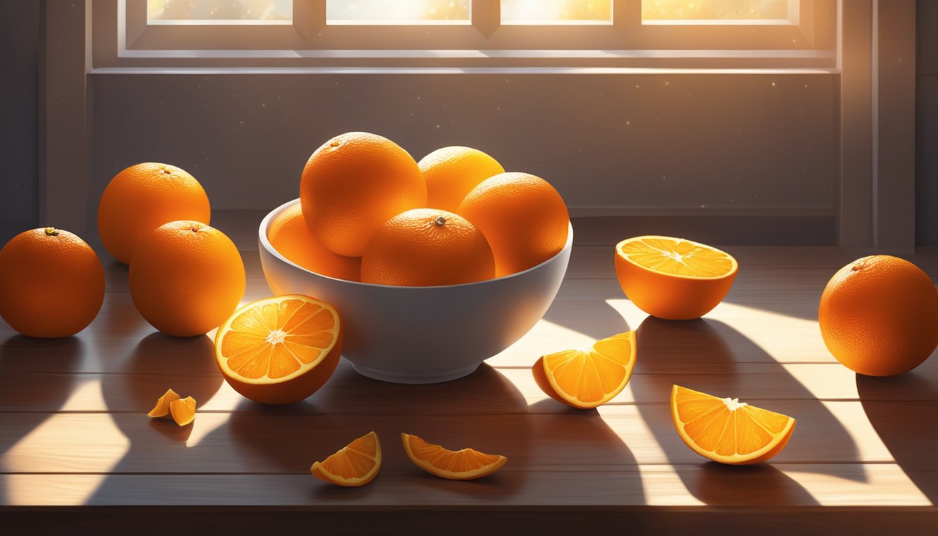 A bowl of ripe oranges sits on a wooden table, surrounded by scattered orange peels. Sunlight streams through a nearby window, casting a warm glow on the fruit