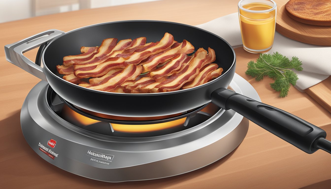 A sizzling skillet with Oscar Mayer Naturally Hardwood Smoked Bacon cooking, emitting a savory aroma