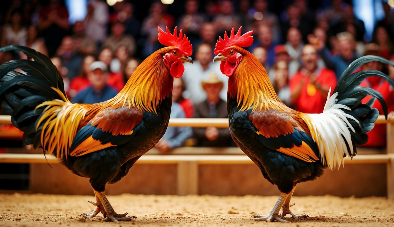 Ayam jantan berhadapan di arena yang ramai dan terang dengan penonton yang bersorak