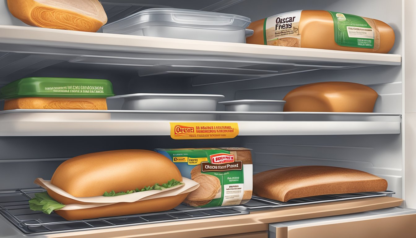 A package of Oscar Mayer Deli Fresh Oven Roasted Turkey Breast sits unopened on a clean, organized refrigerator shelf