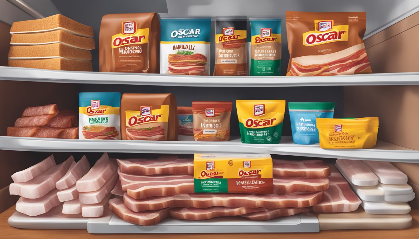 A package of Oscar Mayer Naturally Hardwood Smoked Bacon sits on a clean, organized refrigerator shelf, surrounded by other food items