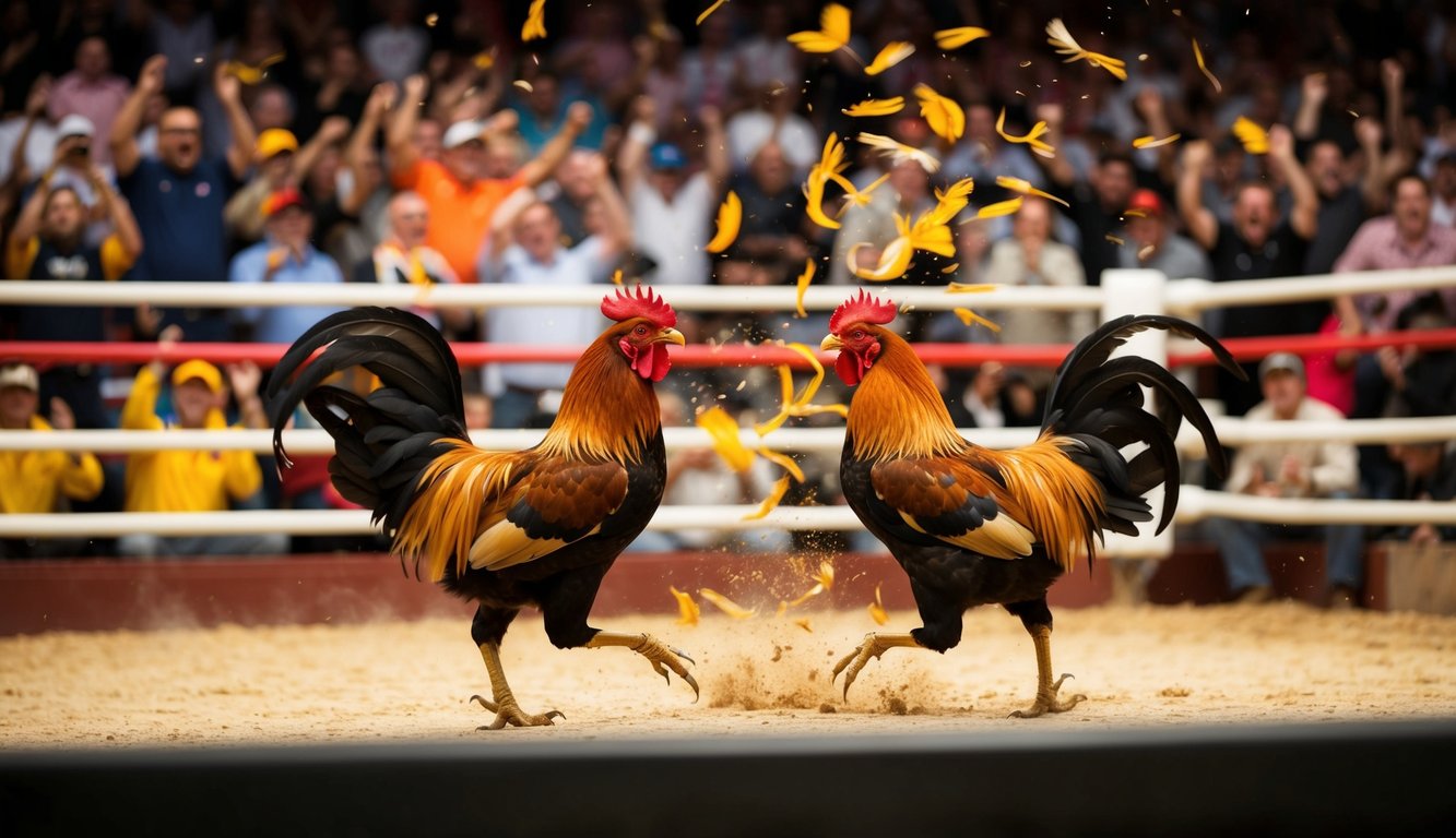 Sebuah arena yang ramai dengan penonton yang bersorak, dua ayam jantan terlibat dalam pertempuran sengit, bulu-bulu beterbangan saat mereka bertabrakan di tengah ring