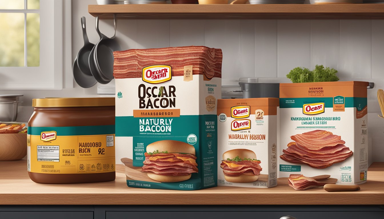 A package of Oscar Mayer Naturally Hardwood Smoked Bacon sits on a kitchen shelf, surrounded by other food items and cookware