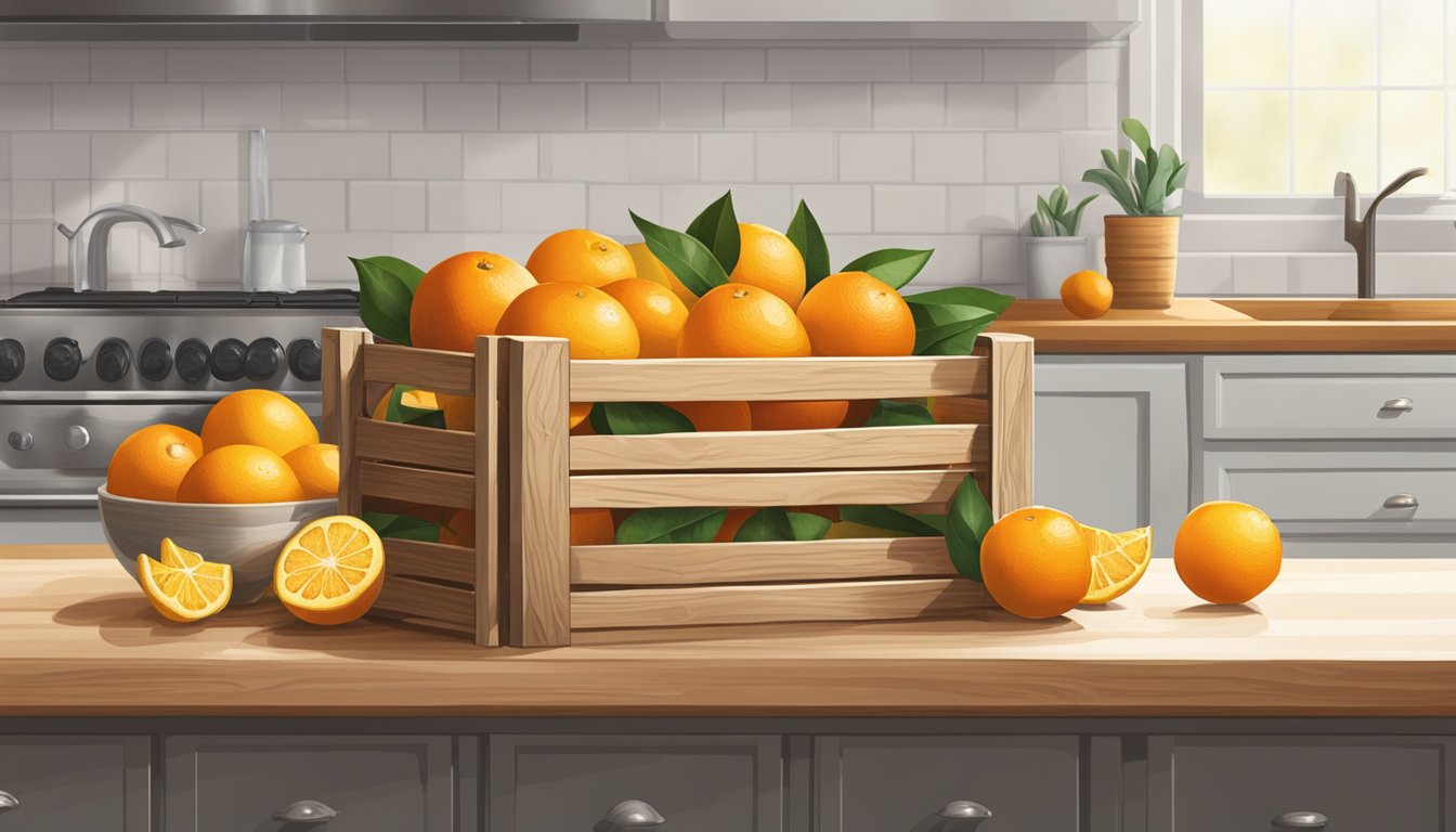 A wooden crate filled with bright oranges, sitting on a kitchen counter next to a bowl of lemons and a cutting board