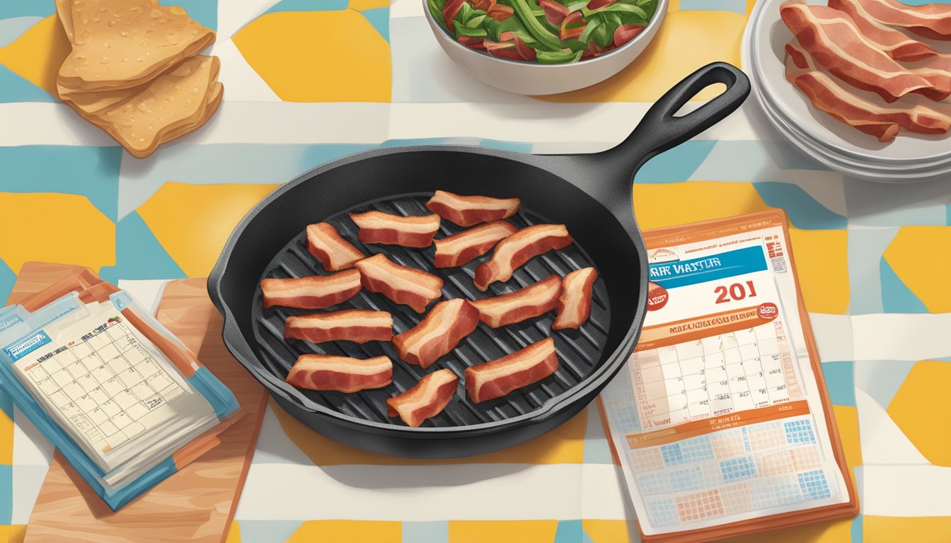 A sizzling skillet with Oscar Mayer bacon cooking, surrounded by the packaging and a calendar showing the expiration date