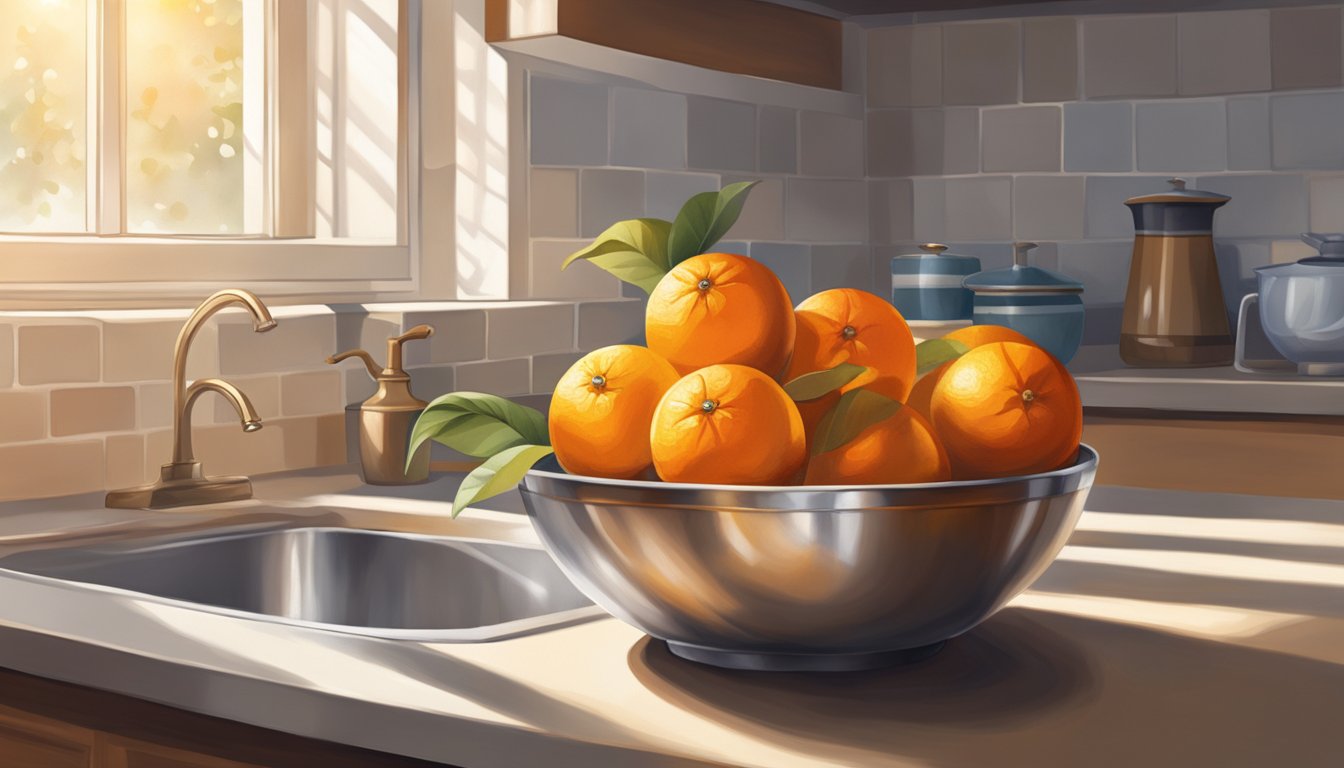 A bowl of oranges sits on a kitchen counter, some starting to show signs of aging. Sunlight streams in through a nearby window, casting a warm glow on the fruit