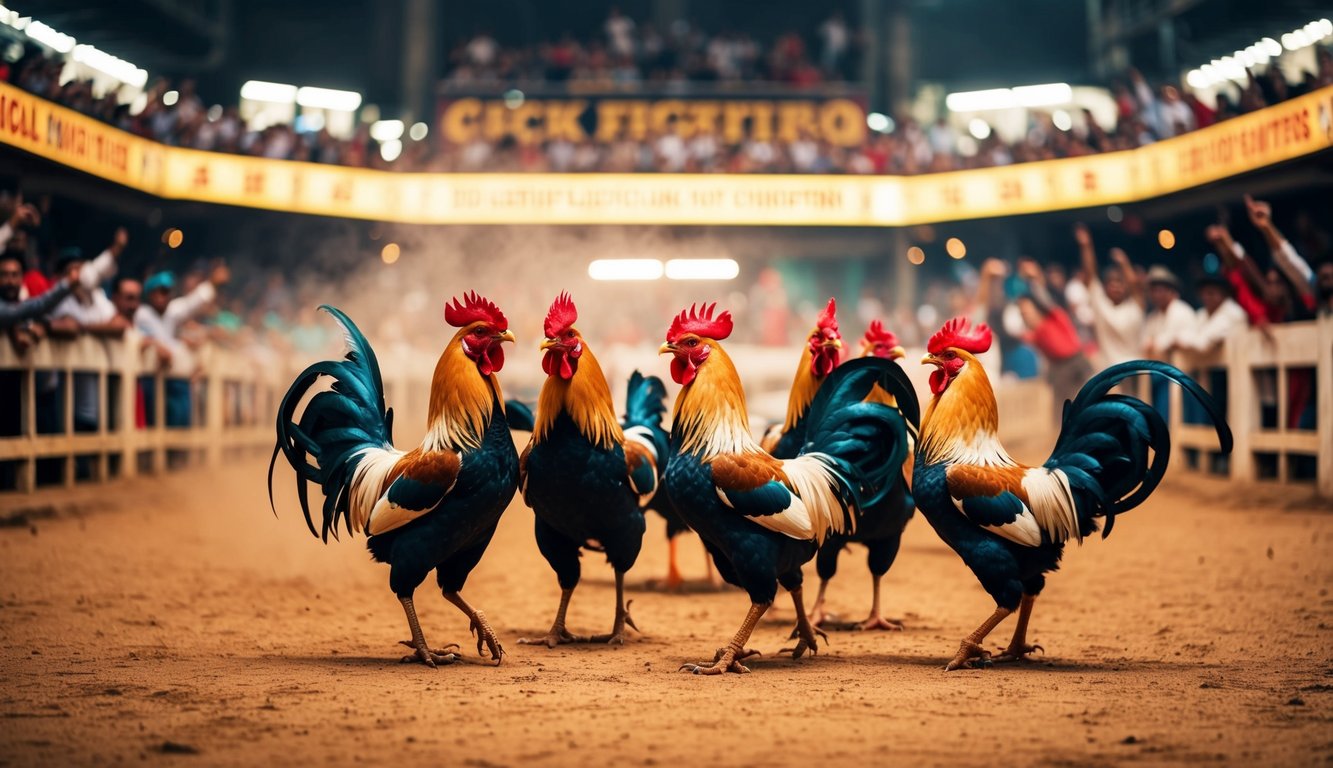 Sebuah arena sabung ayam yang ramai dengan penonton yang bersorak dan ayam jantan berwarna-warni di tengah pertarungan yang sengit