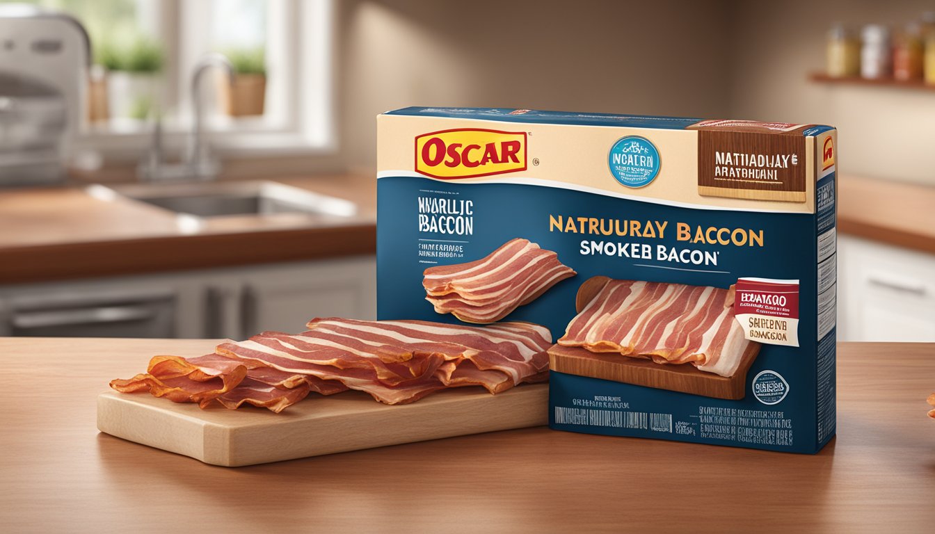 A package of Oscar Mayer Naturally Hardwood Smoked Bacon sitting on a kitchen counter, surrounded by other types of bacon packaging