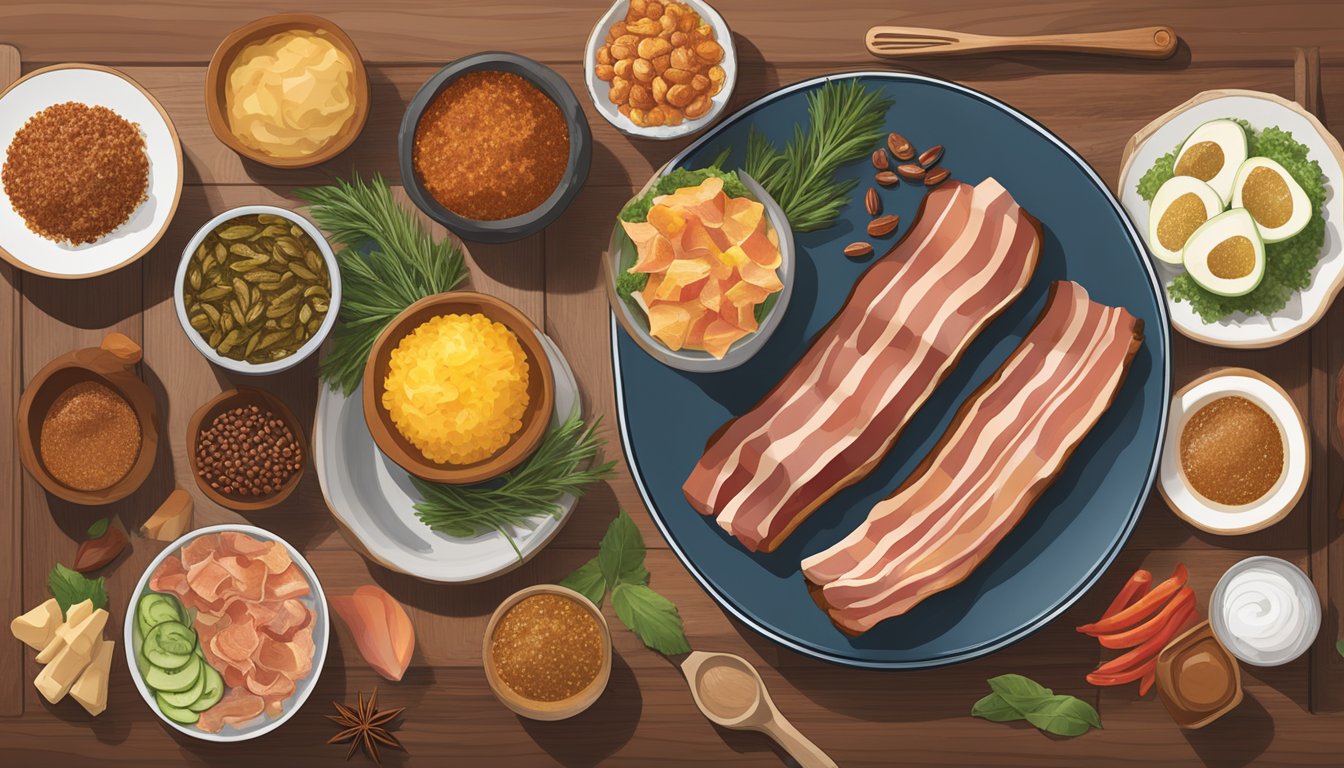 A sizzling strip of Oscar Mayer Naturally Hardwood Smoked Bacon on a plate, surrounded by various cultural foods and spices