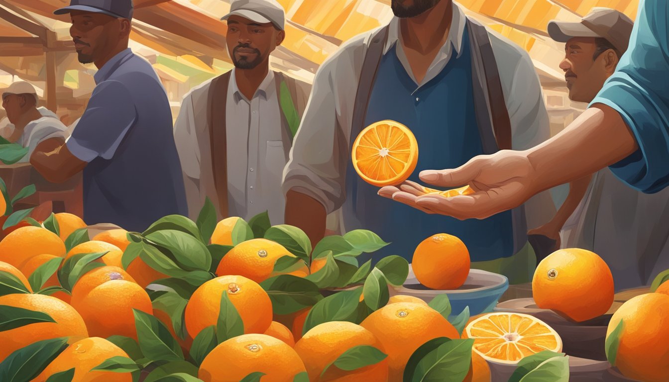 A hand reaches for ripe oranges in a bustling market, surrounded by vibrant colors and the scent of fresh fruit