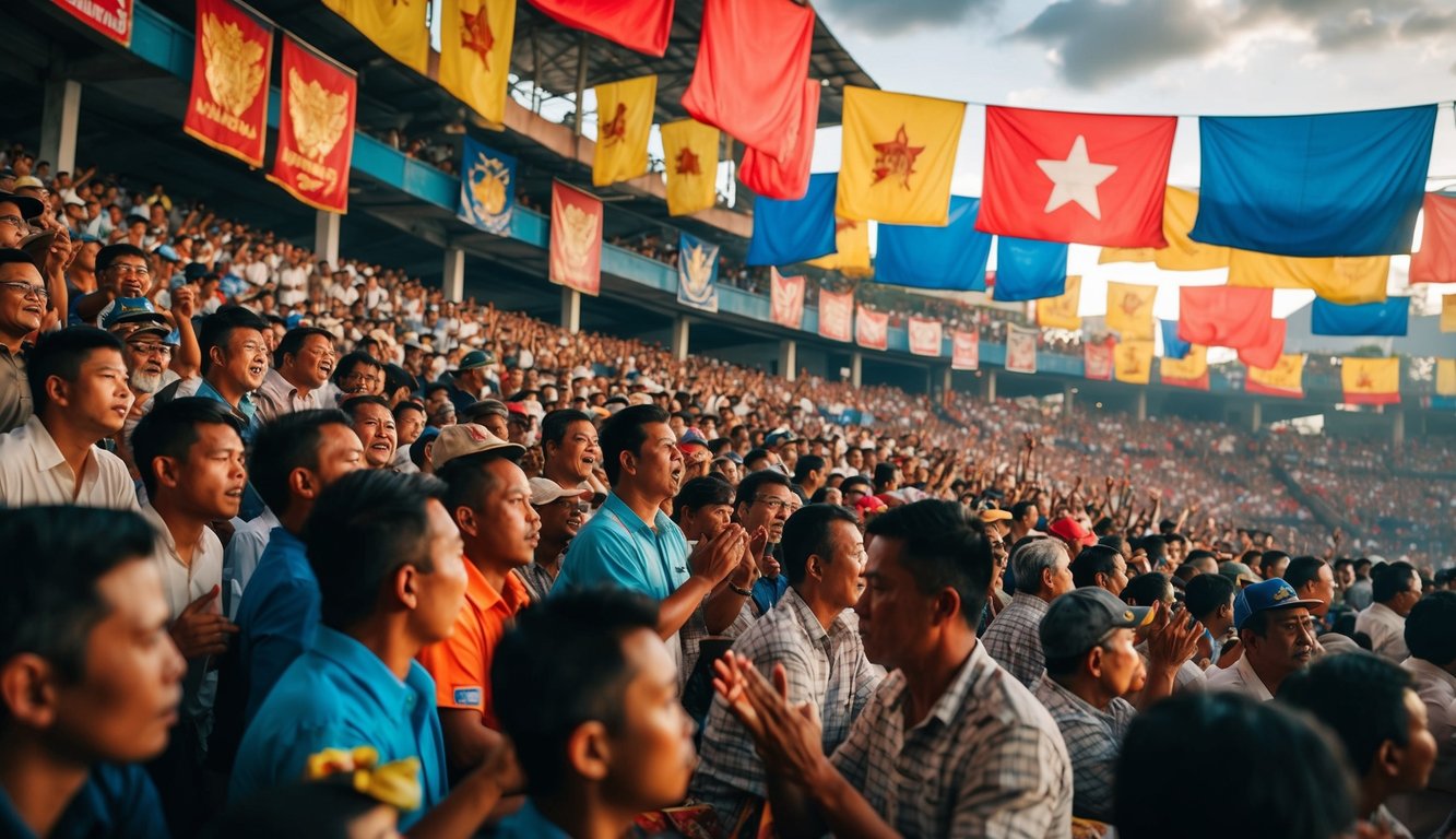 Sebuah arena sabung ayam Indonesia yang ramai dengan penonton yang bersorak dan spanduk yang berkibar