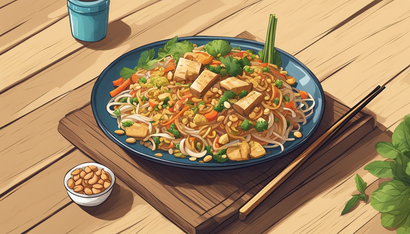 A plate of pad thai noodles sits on a wooden table, covered in a vibrant mix of stir-fried vegetables, tofu, and peanuts