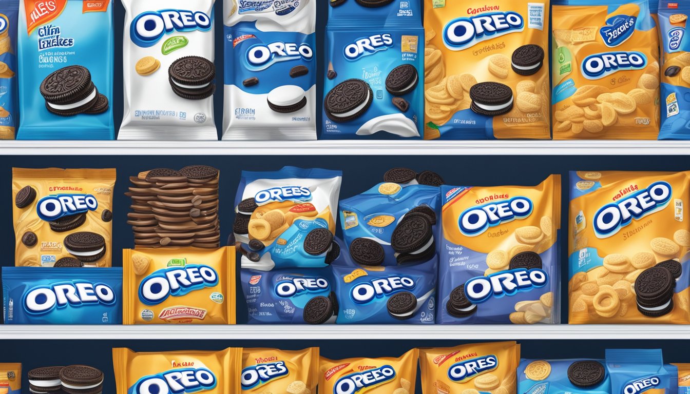 A package of Oreos sits on a kitchen shelf, surrounded by other snacks. The expiration date is visible on the packaging