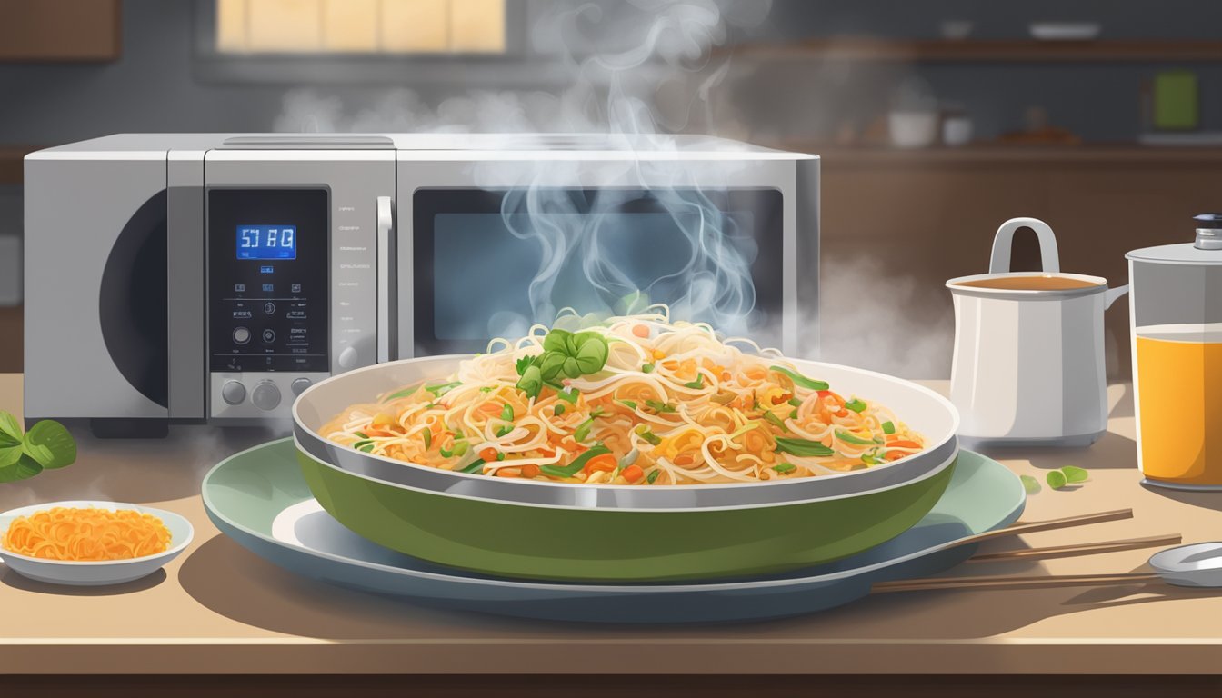 A plate of pad thai noodles sits on a table, surrounded by steam rising from the dish. A microwave is nearby, with a timer set for reheating