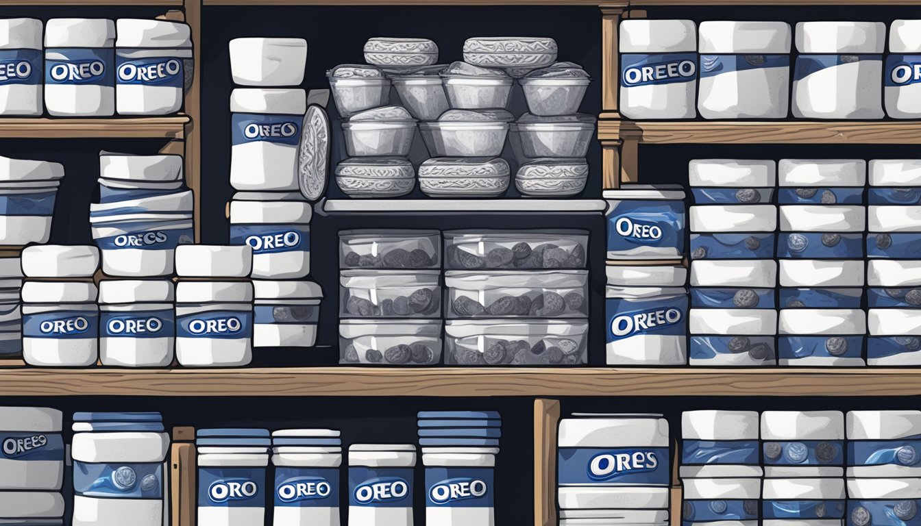 A package of Oreos sits on a shelf, surrounded by various storage containers. Some Oreos are fresh and intact, while others are stale and crumbled