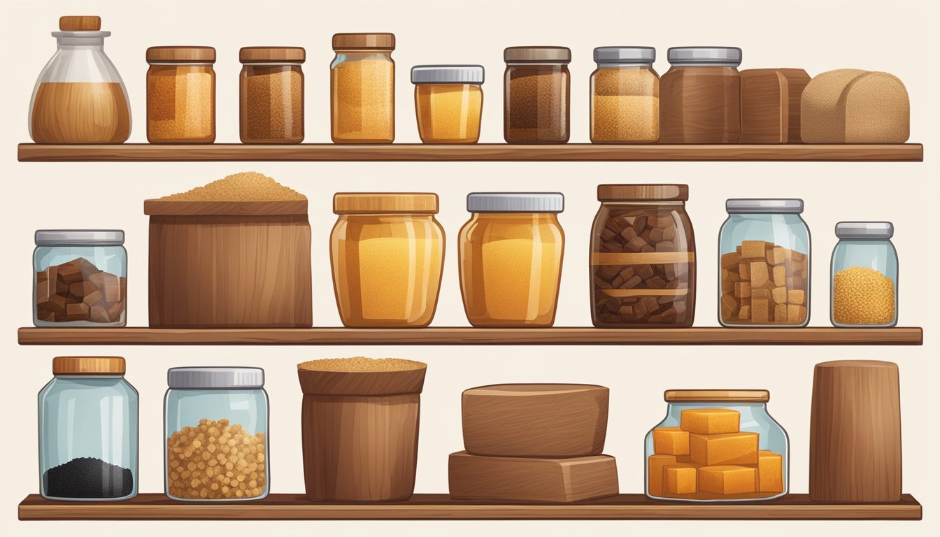 A wooden shelf with various types of palm sugar in different packaging, including jars, boxes, and bags. Some sugar is granulated, while others are in solid blocks