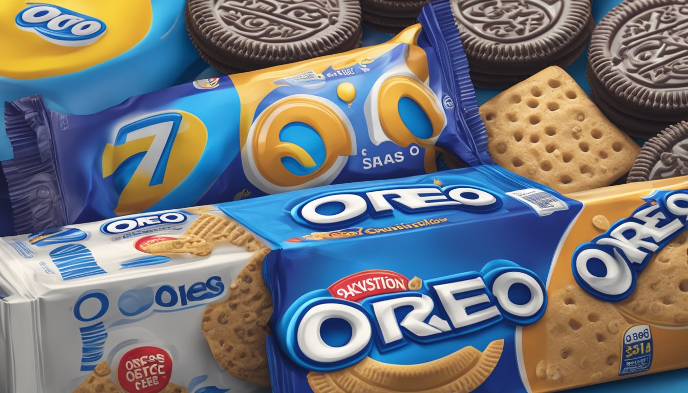 A pack of Oreos sits on a shelf, surrounded by other snacks. The expiration date is visible on the packaging