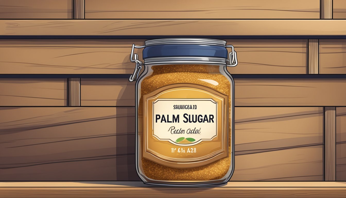 A sealed jar of palm sugar on a shelf with a date label