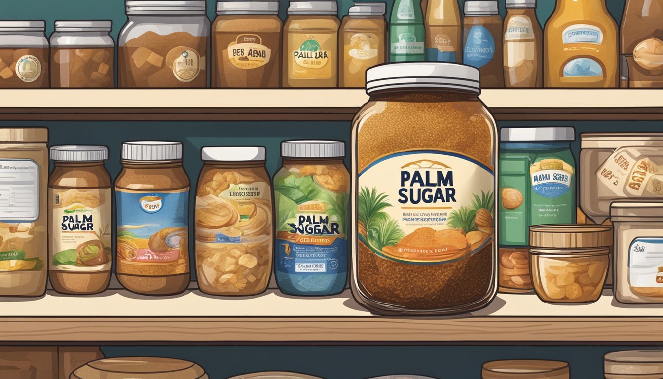 A jar of palm sugar sits on a shelf, surrounded by other food items. The expiration date is clearly marked on the label