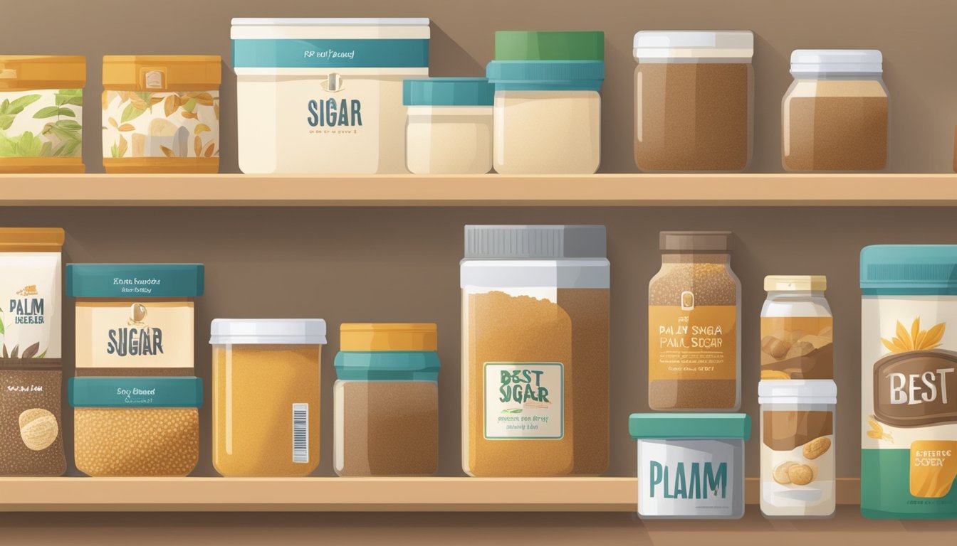 A sealed package of palm sugar with a "best by" date visible, surrounded by a clean and organized pantry with other dry goods