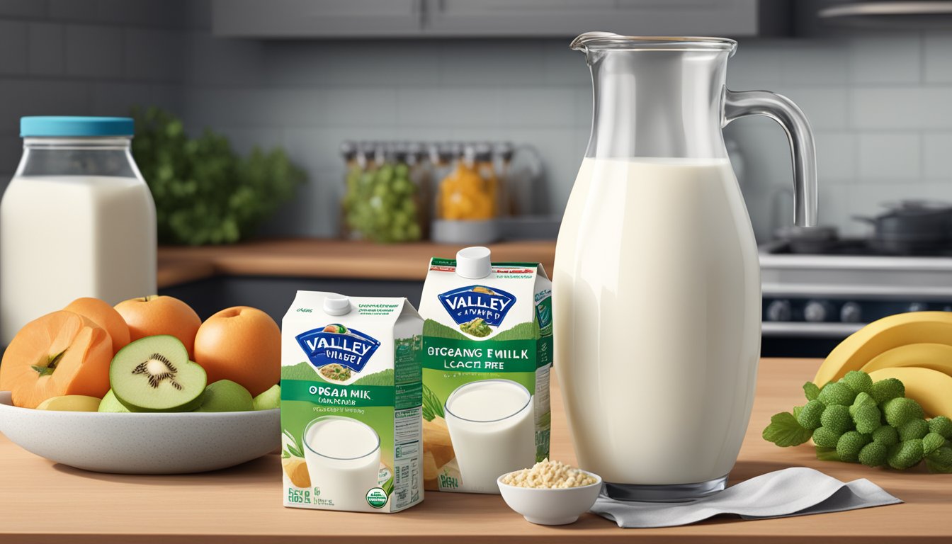 A carton of Organic Valley Lactose-Free Milk sits on a kitchen counter, surrounded by fresh ingredients and a glass of milk