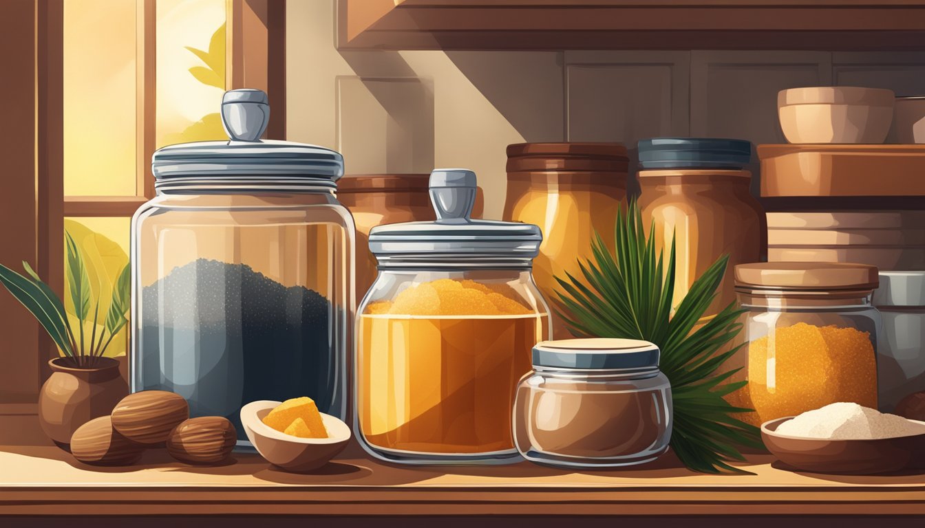 A jar of palm sugar sits on a kitchen shelf, surrounded by various cooking ingredients. The warm sunlight streams in through the window, casting a soft glow on the jar