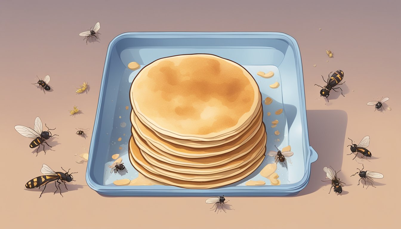 A half-empty, open box of pancake mix with a musty odor. The mix is clumped and discolored, with small insects crawling around the container