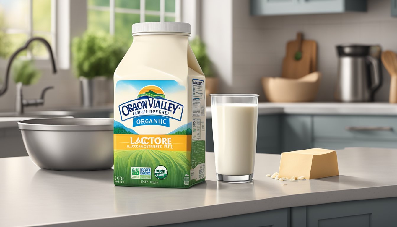 A carton of Organic Valley Lactose Free Milk sitting on a kitchen counter, with a date label showing the expiration date