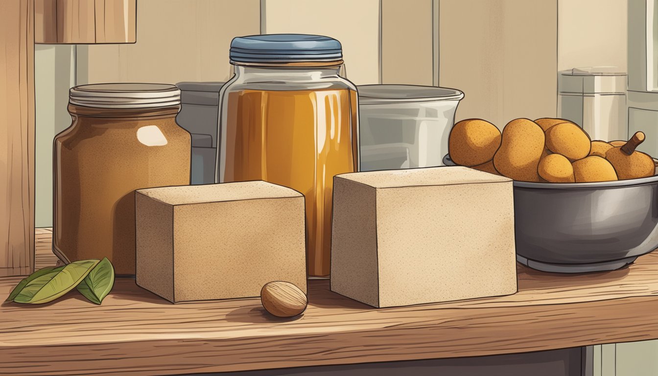 A palm sugar block sits on a kitchen shelf, surrounded by various cooking ingredients. It shows signs of aging with slight discoloration and a few small cracks