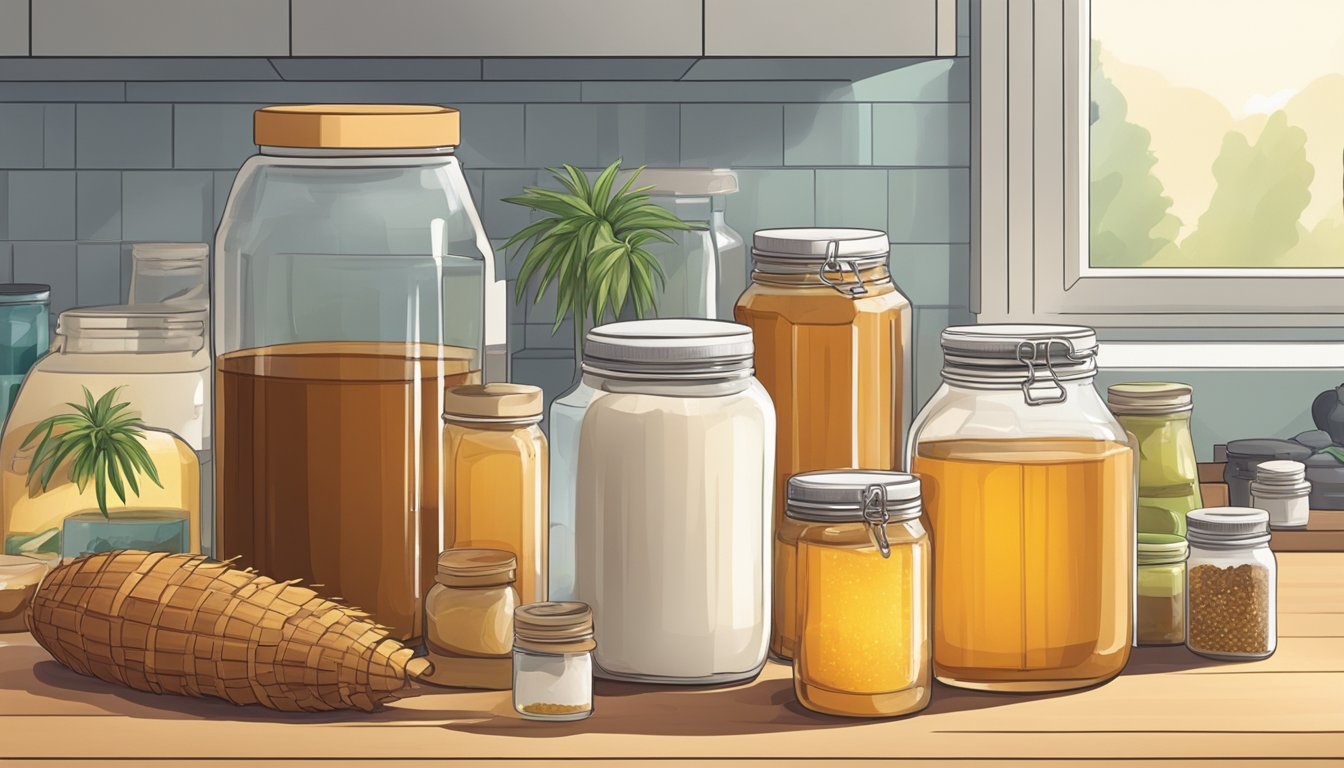 A jar of palm sugar sits on a kitchen counter, surrounded by various alternative sweeteners like honey, maple syrup, and agave nectar