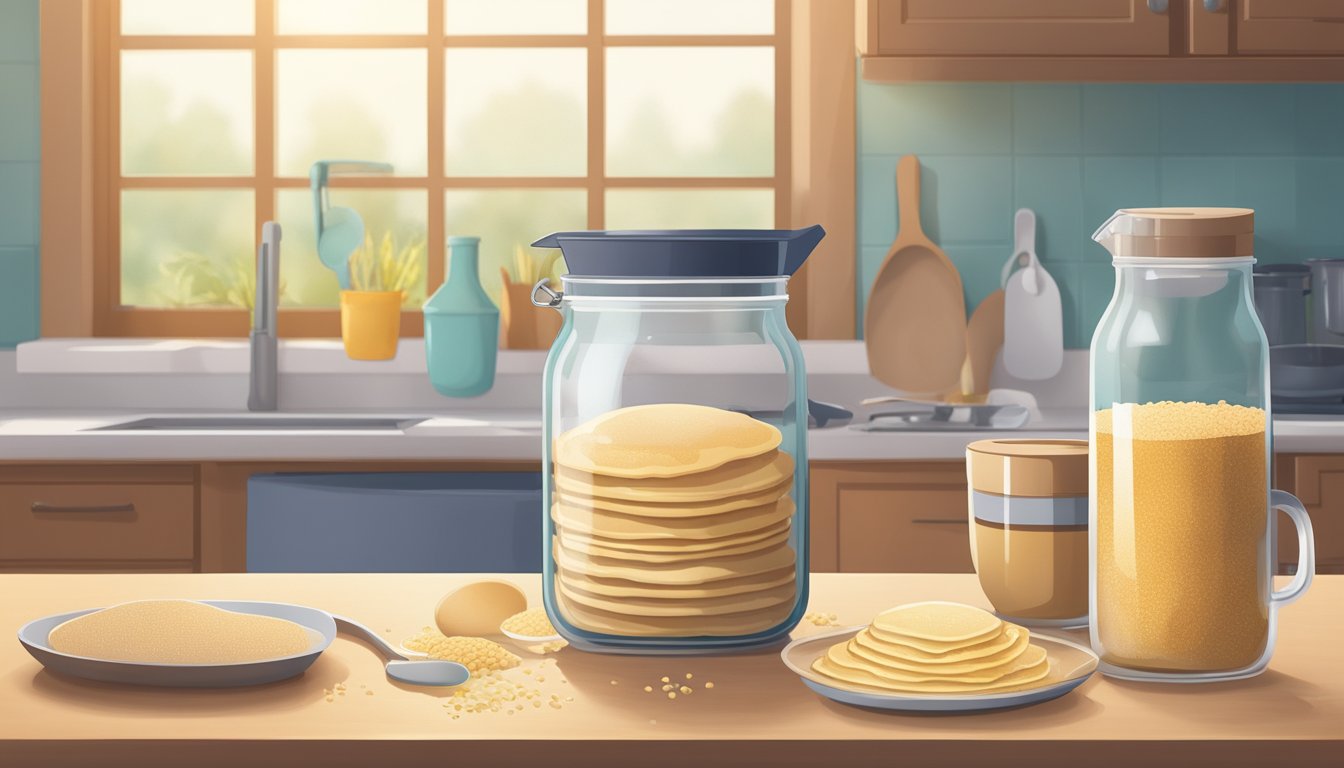 A jar of pancake mix sits on a cluttered kitchen counter, next to a measuring cup and a mixing bowl. A few spilled grains of mix are scattered around the jar