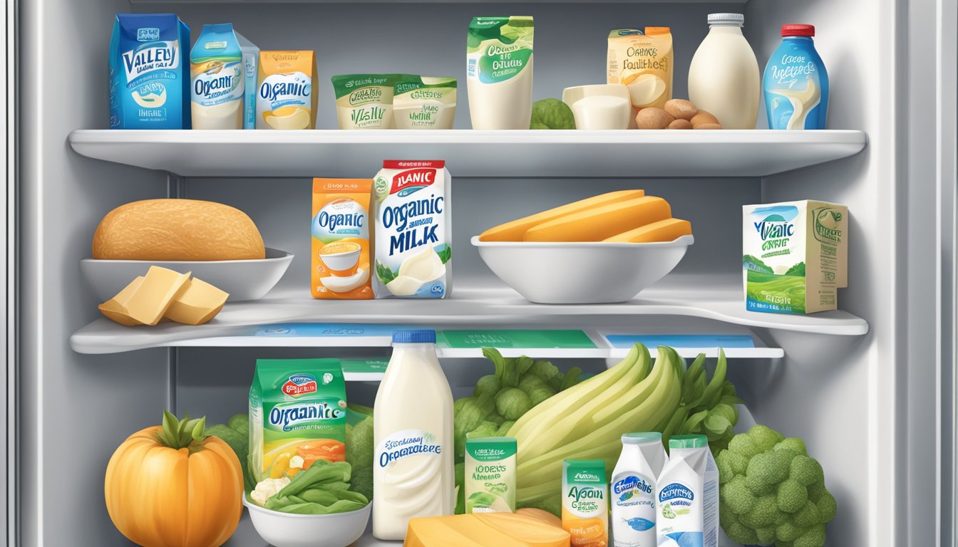 A refrigerator shelf with a carton of Organic Valley Lactose Free Milk, surrounded by other dairy products and fresh produce