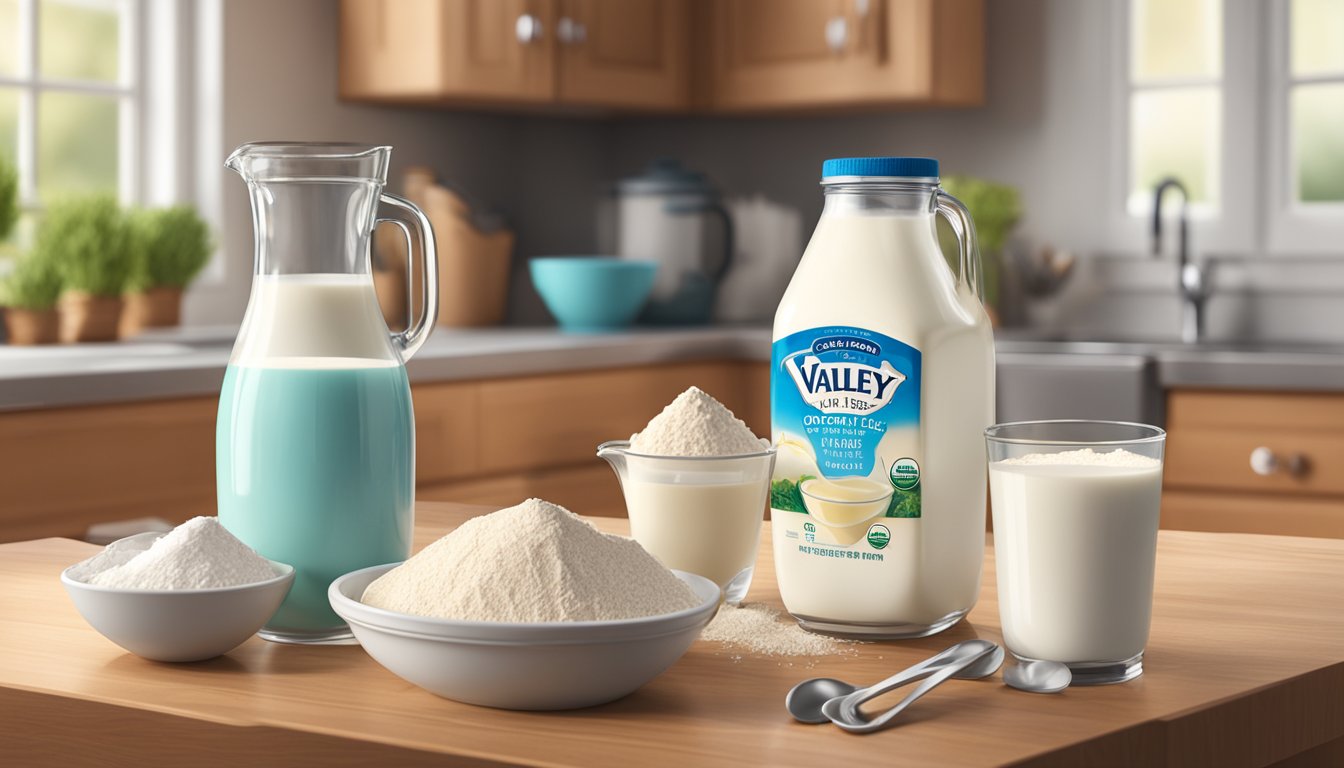 A carton of Organic Valley Lactose Free Milk sits on a kitchen counter next to a mixing bowl and measuring spoons, with ingredients for baking in the background