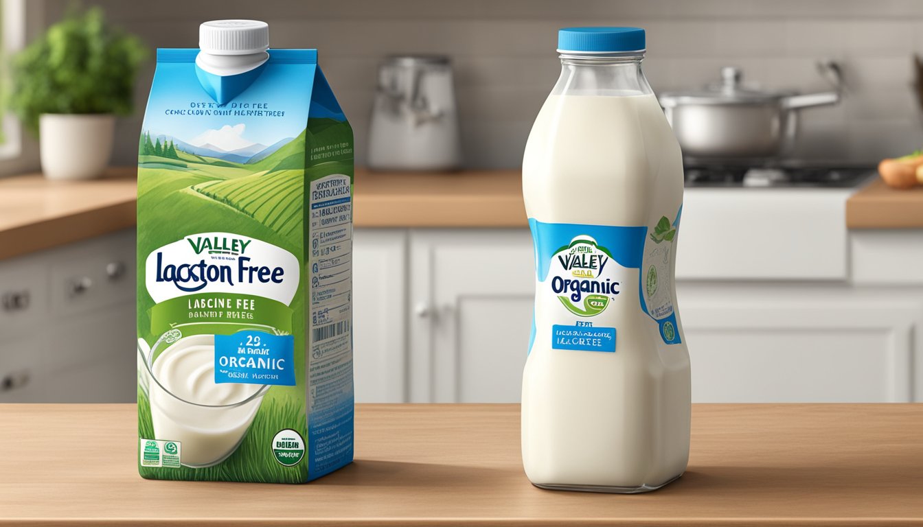 A carton of Organic Valley Lactose Free Milk sits unopened on a kitchen counter, with a "best by" date clearly visible