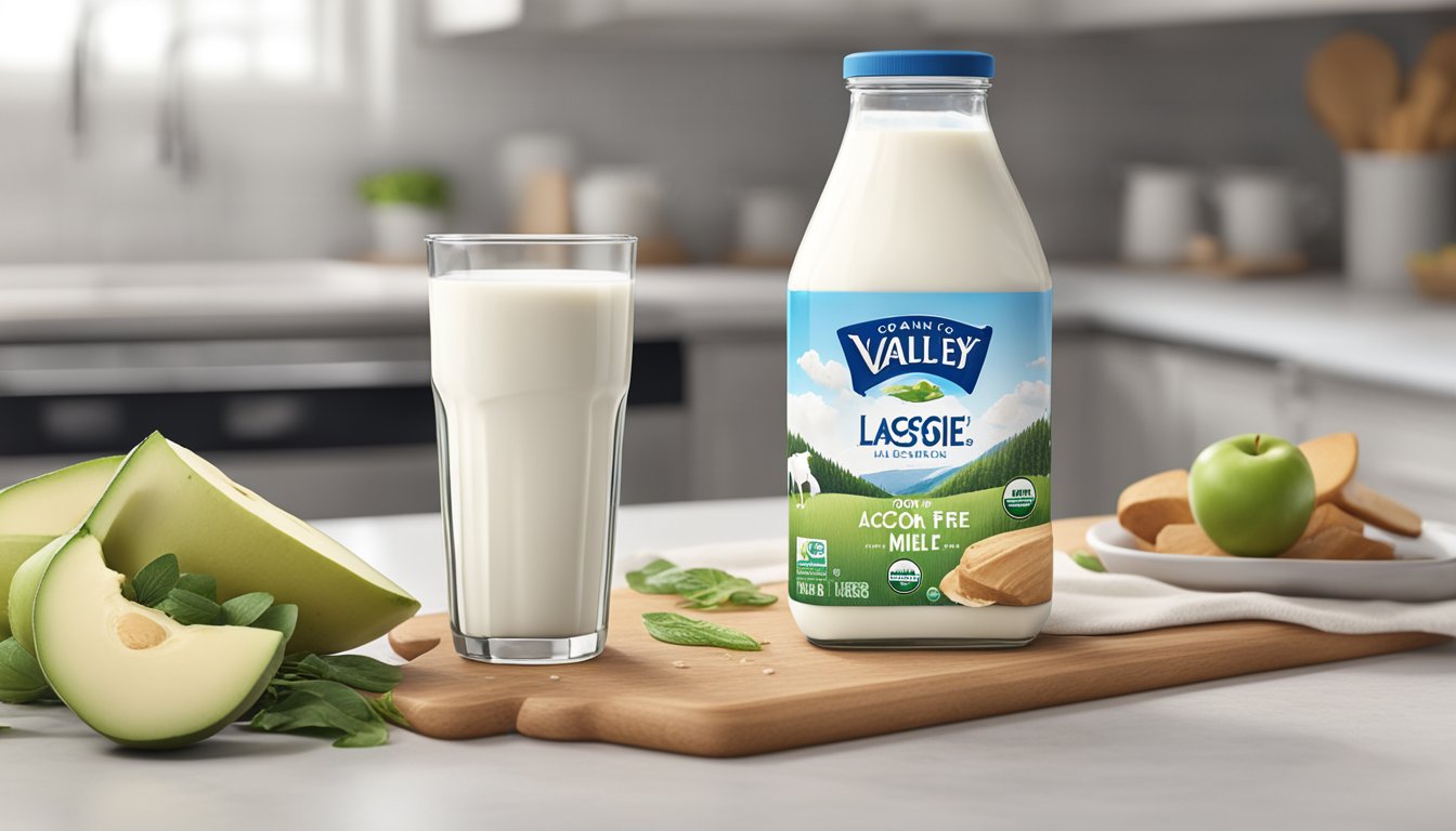 A carton of Organic Valley Lactose Free Milk sits on a clean, white kitchen counter, surrounded by fresh ingredients and a glass of milk